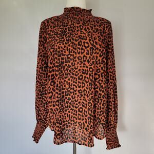 Loft Animal Print Mock Neck Blouse Sz L Chiffon Mob Wife Office Career Cheetah